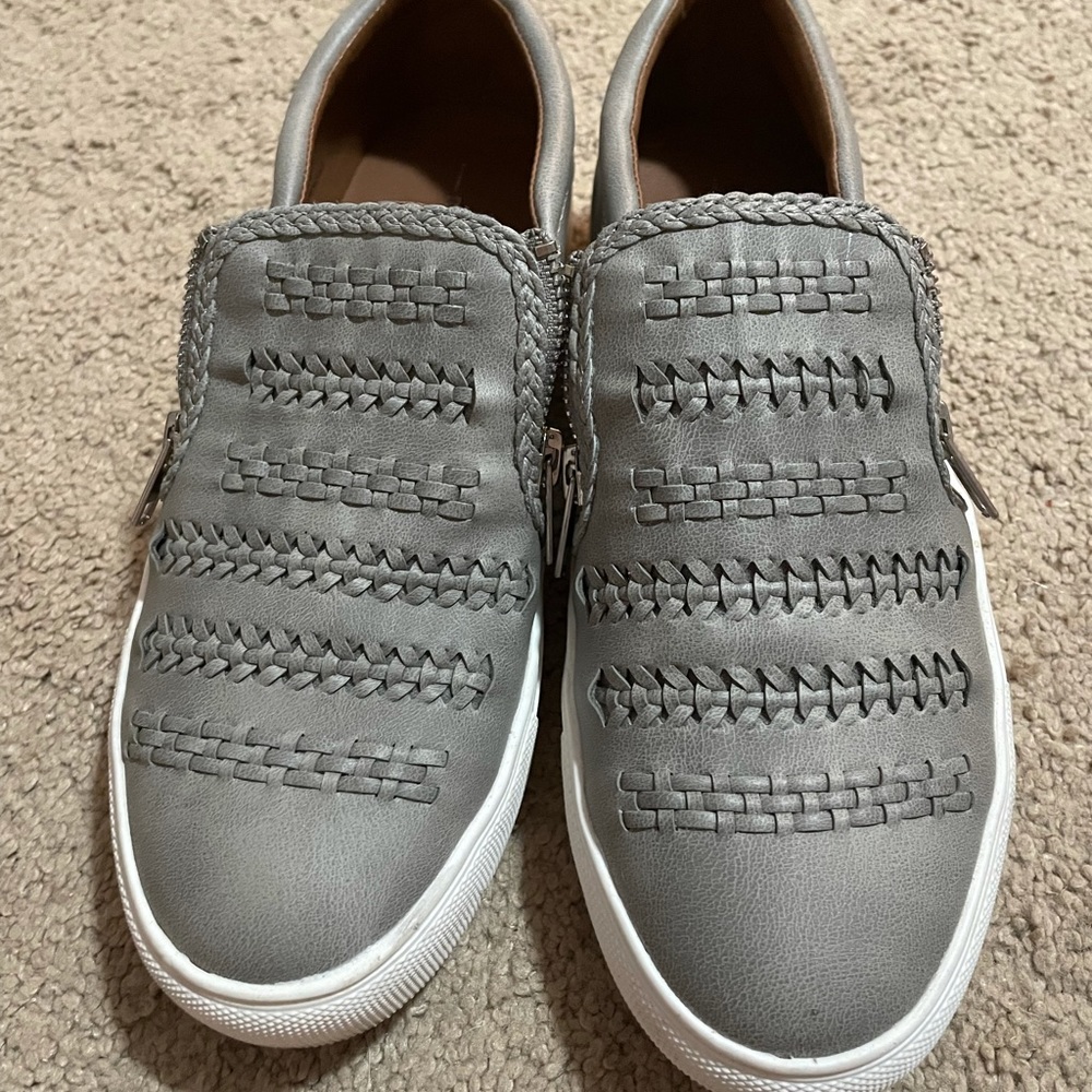 Gray leather braided slip ons with zipper sides
